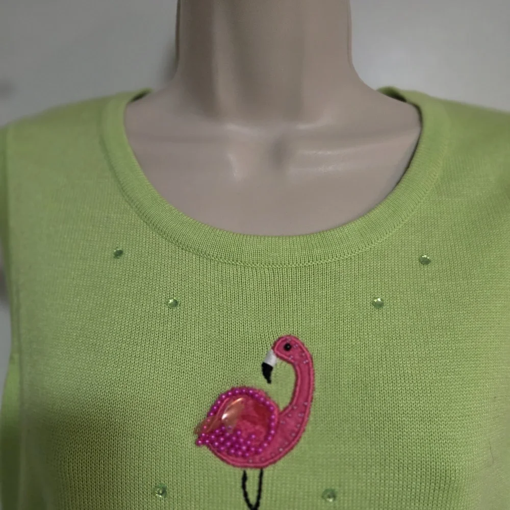 Berek Size S Green Twinset Embroidered Beaded Cocktails Flowers Flamingo Sweater - Picture 6 of 9